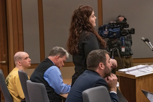 Darin Schilmiller, defense attorney Regan Williams, State prosecutor Whitney-Marie Bostick and lead State prosecutor Pat McKay Jr. in Anchorage courtroom.