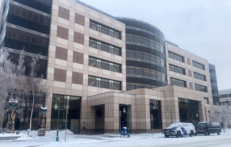 The Nesbett Courthouse in Anchorage, Alaska, in winter