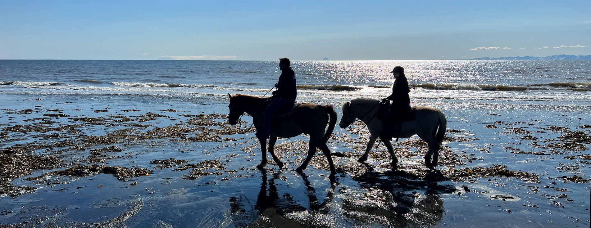 Two hoseback riders cross a muddy beach.