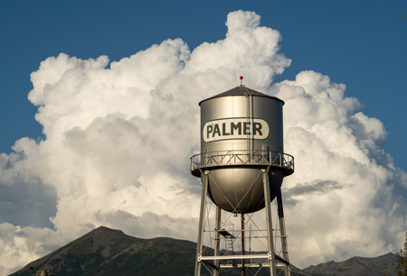 A water tower with Palmer written on it